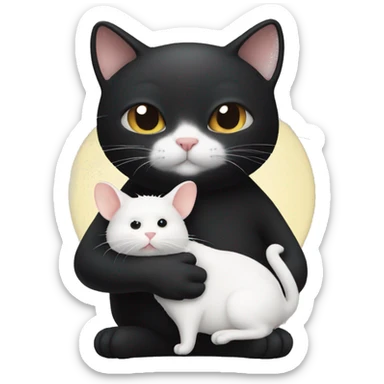 black Cat holding a white little hamster in his arms sticker