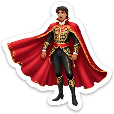 Spanish Matador – Cinematic Realistic Spanish Matador, portrayed in an ornate traje de luces with a flowing red cape, standing poised in a classic bullring with swirling dust and dramatic light, his intense expression and elegant stance capturing both bravery and artistry. sticker