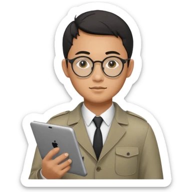 a asia man guy his 20s wearing an apple notebook, wearing bodyguard radio operator, round glasses, achromatic clothes sticker