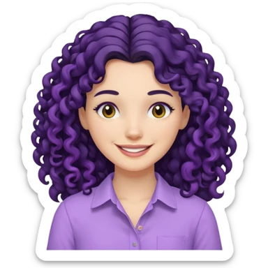 mujer blanca con cabello largo rizado negro sonriendo con camisa lila sticker