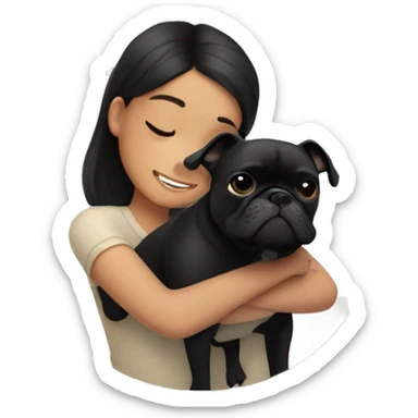 A girl with dark hair hugs a black French bulldog sticker