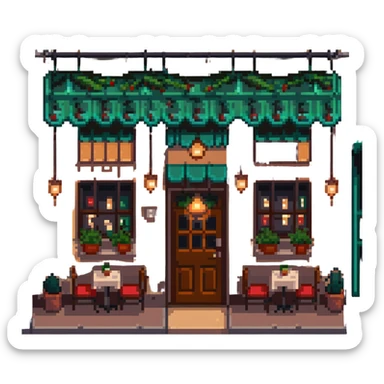 Italian restaurant exterior at night, glowing windows, cozy atmosphere in pixel art style sticker