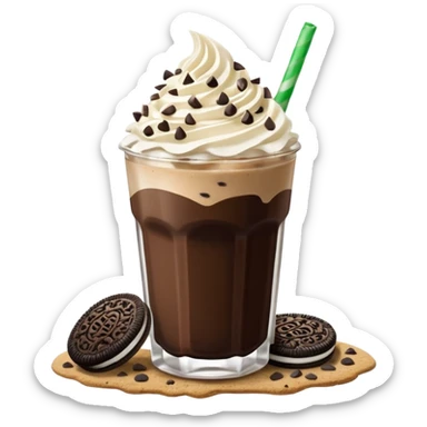 Vaso de vidrio con Frappé color café, crema en la parte superior con popote verde insertado en la crema, agregar encima de la crema chispas de chocolate. Colocar arriba de la crema insertada una galleta tipo oreo. sticker