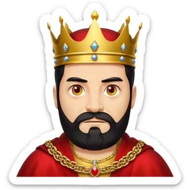 


an old king with yellow skin, red eyes, 60 years old, black hair, black beard, wearing a crown, red robe, fierce face, baron/lord vibe
 sticker