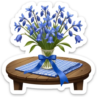 A lush bouquet of bright blue color bluebell black satin ribbon, resting on an antique wooden table, with a pale yellow and pink plaid pattern table cloth sticker