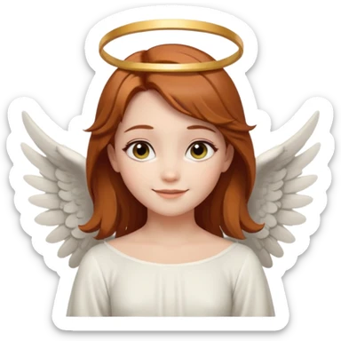 милая девушка ангел с нимбом и крыльями, с рыжими прямыми волосами по плечи, с черными макияжем глаз, тонкими бровями, с улыбкой, в стиле Apple avatar sticker