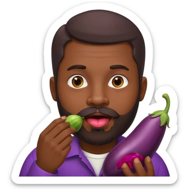 Dominican man with a beard is licking an eggplant sticker