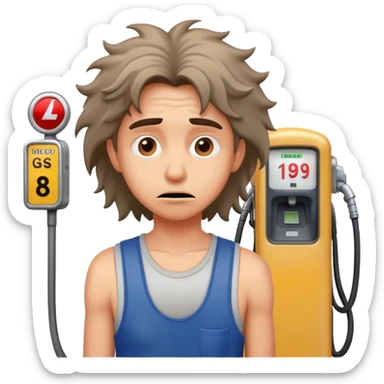 Disheveled person with anxious expression at a gas station pump sticker
