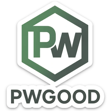 geometric logo for 'pwgood' with stylized 'pw' monogram, green and gray palette sticker