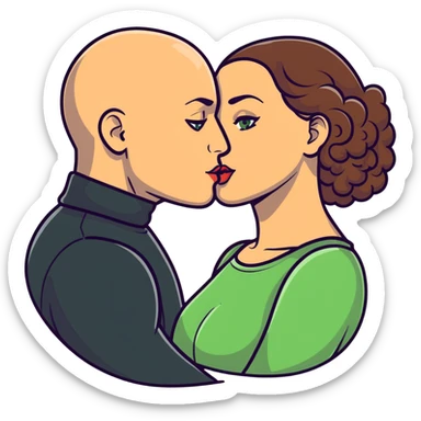 caucasian bald man with green eyes and caucasian woman with long curly dark hair and brown eyes kissing sticker