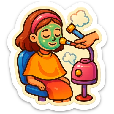 a girl sitting in a beauty salon getting a facial treatment, cute and colorful sticker