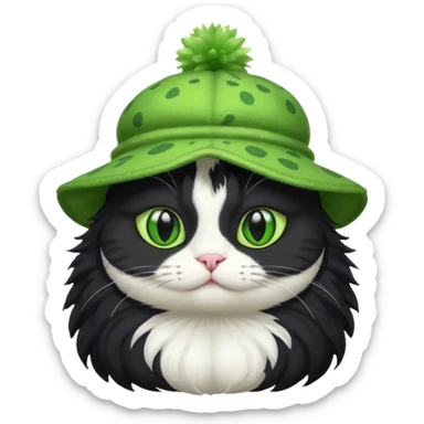 Black and white cat with a frog-shaped hat sticker