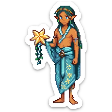 elf male Sarong with bioluminescent embroidery, armful of starfish, hair in a braid with pearl pins sticker