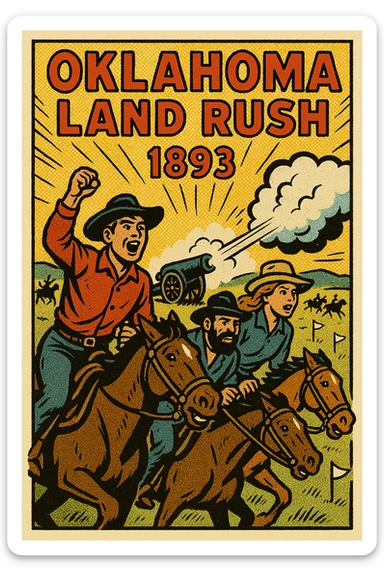 A poster advertising the 1893 Oklahoma Land Rush with an image of excited American settlers on horse back waiting at a start line on the grasslands of the American West.  There is an US Army canon booming in the background and white flags stuck in the ground marking out plots of land sticker
