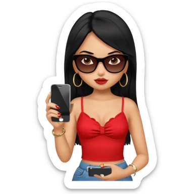 generate a pretty bratz girl with black hair, black sunglasses and a phone, red cami top sticker