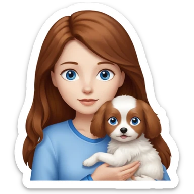 long hair chestnut color blue eyes woman holding small white dog sticker