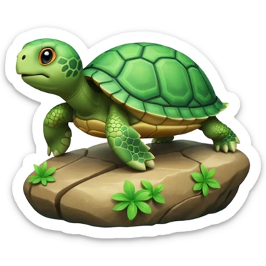 A 3D cartoon turtle climbing onto a rock near water, bright green shell, soft shading and smooth texture, cheerful and friendly expression. sticker