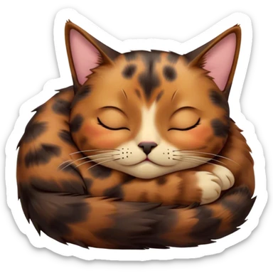 Meme-Worthy Cute Sleeping Tortoiseshell Cat Portrait Emoji, Head resting with a serene, sleepy smile and softly closed, dreamy eyes, showcasing a warm, mottled fur of rich browns and blacks, simplified yet adorably detailed, glowing with a gentle, drowsy radiance, high shine, exuding relaxed, heart-melting charm, styled with a soft glowing outline, capturing the essence of a sleeping tortoiseshell cat that radiates pure, peaceful cuteness! sticker
