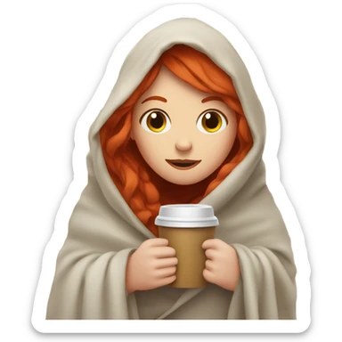 Red headed girl wrapped in a blanket holding a coffee sticker