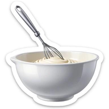 Cinematic Realistic Whisk & Mixing Bowl, a well-used metal whisk resting in a smooth ceramic mixing bowl, light reflecting off the whisk’s polished surface, subtle smears of batter along the rim, glowing with a sense of warmth and creativity. sticker