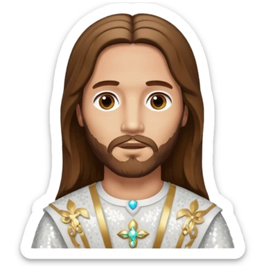 Jesus Christ from The Bible with long brown hair, white sequin outfit sticker