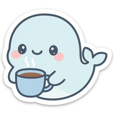 adorable cartoon whale with a steaming blue coffee cup, playful and sweet sticker