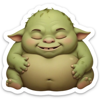 Meme-Worthy Cute Sleeping Ogre Portrait Emoji, with a surprisingly endearing, plump figure in soft earthy greens and browns, head drooping gently with closed, relaxed eyes and a content, sleepy grin, simplified yet adorably detailed, glowing with a soft warm outline that captures the peaceful slumber of a friendly ogre after a day of gentle mischief! sticker