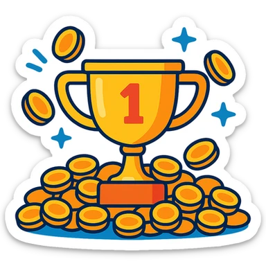 prize pool, trophy surrounded by coins, vibrant, fun sticker