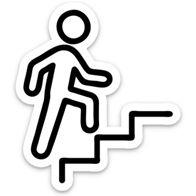 outlined icon of a figure climbing a staircase, minimal, no fill, black lines sticker