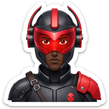 A futuristic man bounty hunter in sleek black armor, glowing red visor in the dark sticker