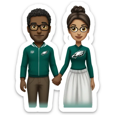 Brown guy and brown girl with glasses and hair in a bun in Philadelphia eagles clothes holding hands sticker