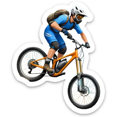 A thrilling downhill mountain biking scene! A rider in full gear speeds down a steep rocky trail, kicking up dust. The rugged mountain landscape surrounds them, with towering peaks, evergreen trees, and a bright blue sky. The rush of adventure is in the air. Transparent background. sticker
