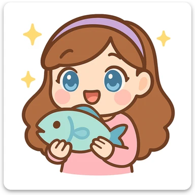 Make the girl more chibi style, give her blue eyes, and make her look slightly older (not too young), keep her holding a fish, digital art, kawaii style, twitch emote. sticker