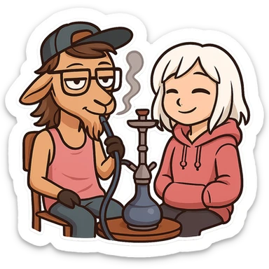 goat for Telegram stickers inspired by reference https://attic.sh/feoducyurkpqwz0la088soao98sx: wearing a cap, glasses, mullet hairstyle, pink drunkard tank top, sitting on a chair, smoking hooka with a girl. girl with white hair and pink hoodie https://i.ytimg.com/vi/x9PRt8xgy7Y/hqdefault.jpg . transparent background  sticker