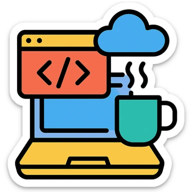 toolkit for a full-stack web developer, featuring a laptop, code editor, coffee mug, and cloud icon, modern color icon style sticker