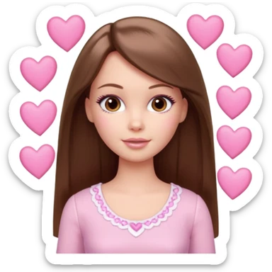 Barbie girl and  makeup , brown straight hair and brown eyes is In pale pink clothes There are pink hearts all around sticker