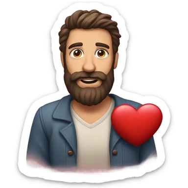 portrait of a bearded man holding a big heart valentines themed sticker