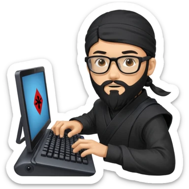 Man with black hair and beard wearing glasses in a ninja costume. Keep the top left version, make the beard longer and replace the sword on his back with a computer keyboard  sticker
