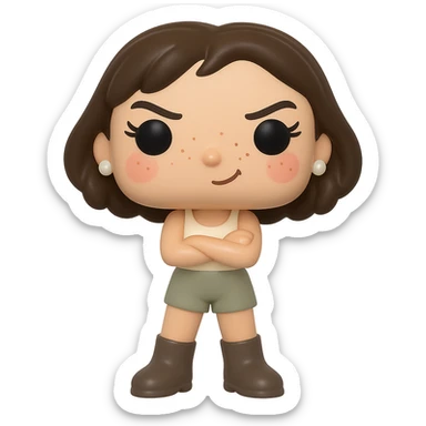 Create a Funko Pop style vinyl figure inspired by the reference image. The figure should have a cream-colored tank top, greige shorts, dark greige mid-calf Santiago boots, messy dark brown bob haircut, small freshwater pearl earrings, rosy cheeks, light freckles, three eyelashes on each eye, and a mischievous expression with arms crossed. The background should be transparent. No other accessories included. sticker