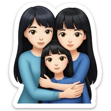 two white girls with long black hair hugging, one girl has bangs sticker