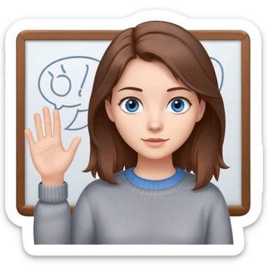 a young woman brown hair and blue eyes, with a claw clip in her hair in a cute gray sweater and presenting on a white board sticker