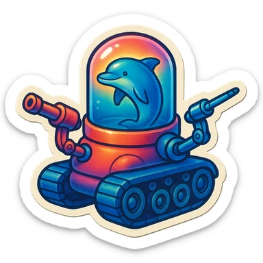 dolphin in a water tank mounted on tank treads, robotic arms extend from the tank with ranged weapons, retro sticker style, no border sticker