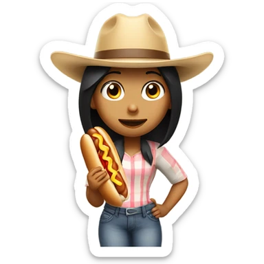Girl with black hair ancowboy hat eating a hot dog sticker
