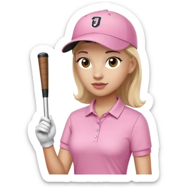 A female golfer with a pink polo shirt, a black skirt, and a white baseball cap. sticker