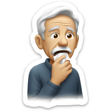 a old man coughing into a tissue looking very sick sticker