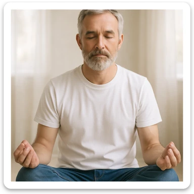 bearded white man with grey hair, meditating, dressed in white t-shirt and blue jeans, serene mood sticker