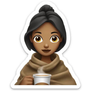Tan girl with dark hair dark eyes drinking coffee with a blanket around her  sticker