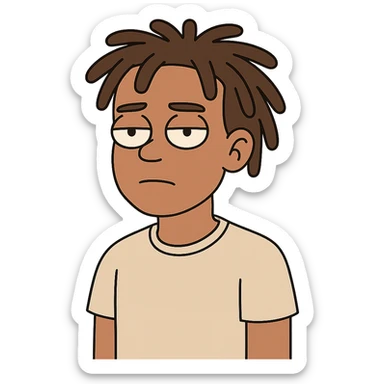 boy with light skin and dreads, neutral expression, upper body, cartoon style sticker