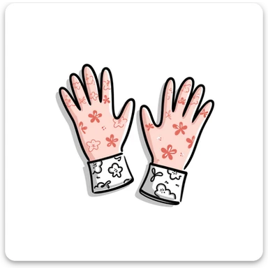 Garden gloves with floral pattern in pastel colors (dd9fb0, ffc6d3, a3bfc9, c4bee2, f1b091), hand-drawn doodle style sticker