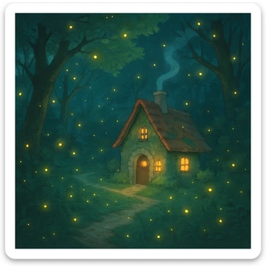 whimsical forest scene with glowing fireflies and a small cottage sticker